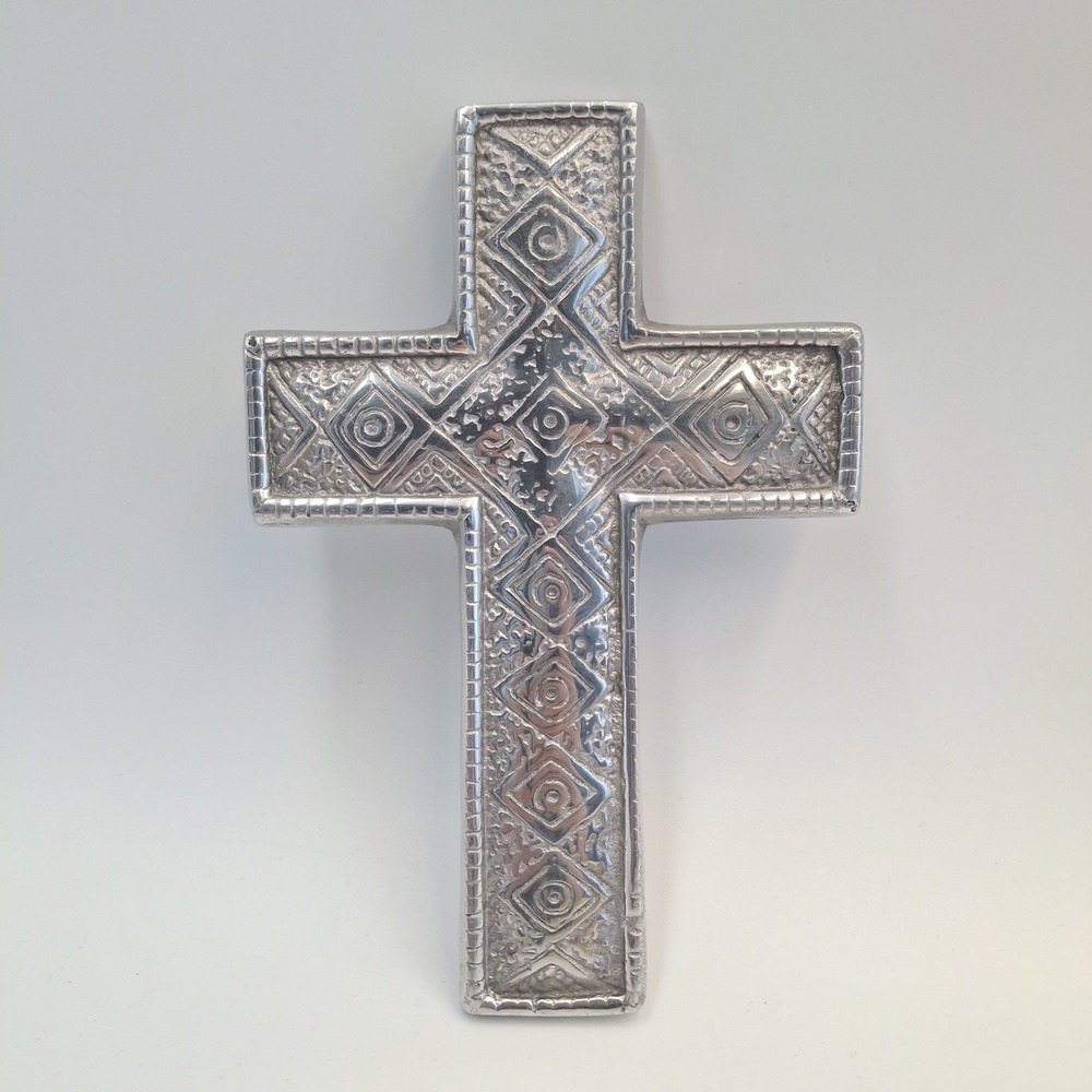 Metal Wall Cross Geometric Diamond Spiral Folk Art Mexico 7x4.75 Textured